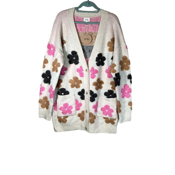 BiBi Sweaters - Bibi New Button Cardigan Sweater XL Long Line Fuzzy Soft Flowers Knit Bohemian